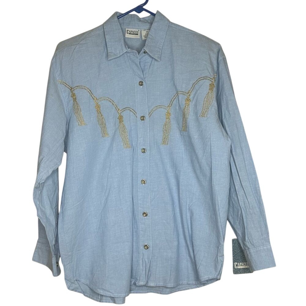 Capacity Vintage Women's Blue Gold Tassels Embroidered Button Front Shirt Size L